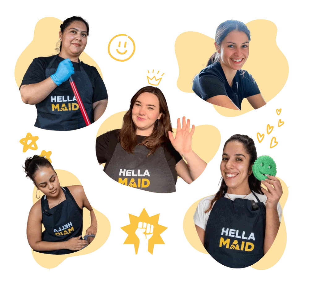 A group of friendly Hellamaid cleaners in their uniforms, smiling and posing for the camera. Each cleaner is holding cleaning tools such as a red cleaning rod, a green sponge, or simply waving. The background is a yellow color with pixelated designs