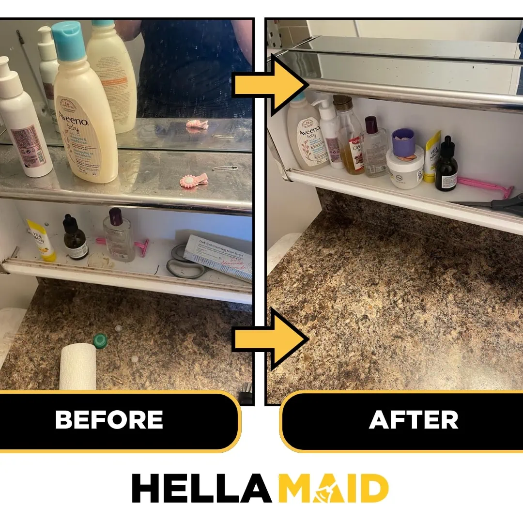 Bathroom shelf before and after cleaning, showing organized and clean surface with toiletries neatly arranged