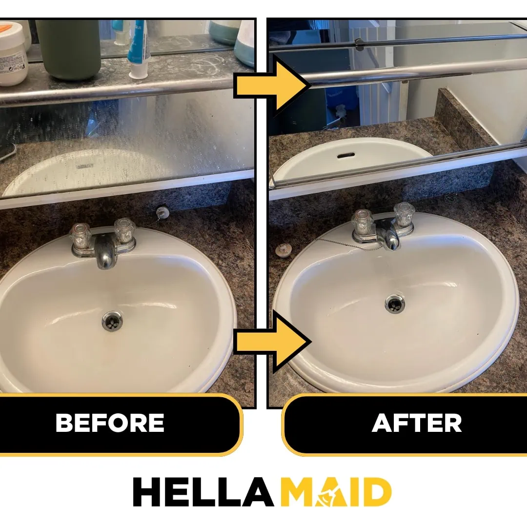 Bathroom sink and mirror before and after cleaning, showing removal of water spots and grime.