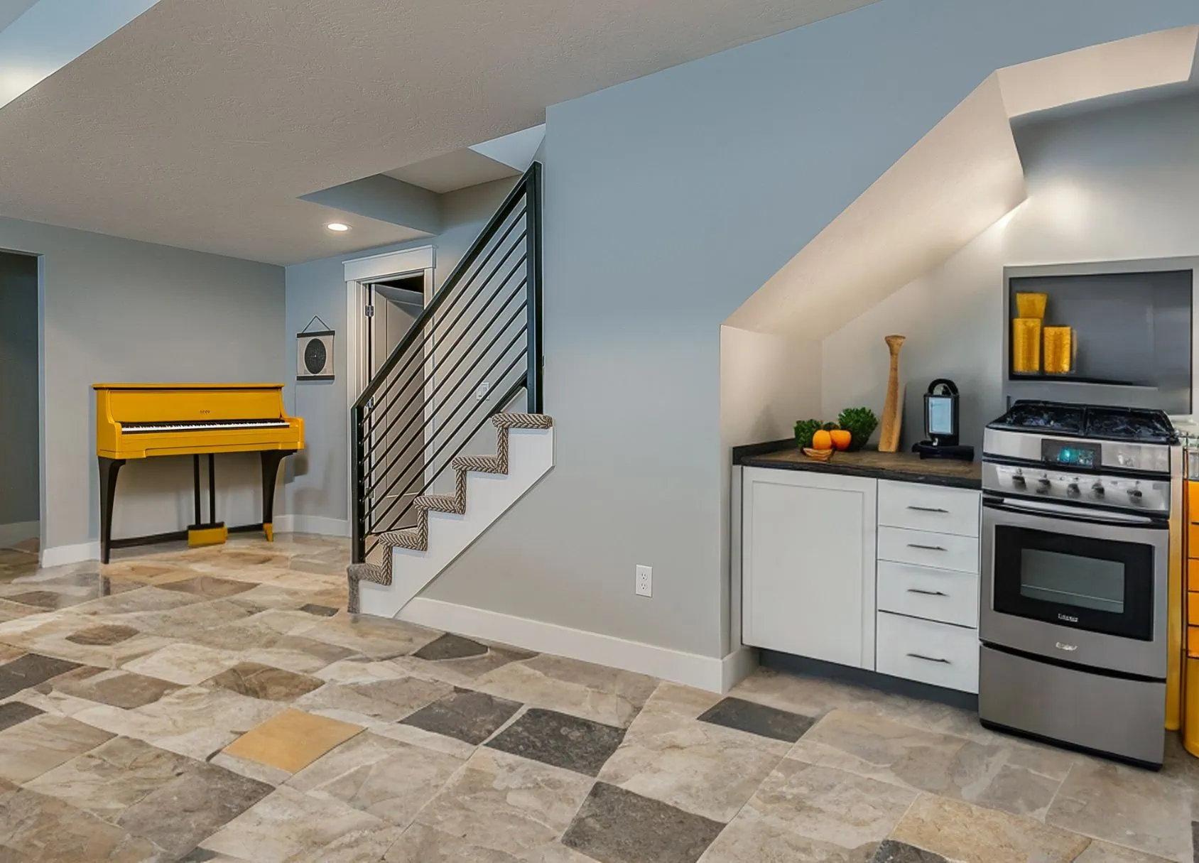 a kitchen with a piano and a stove