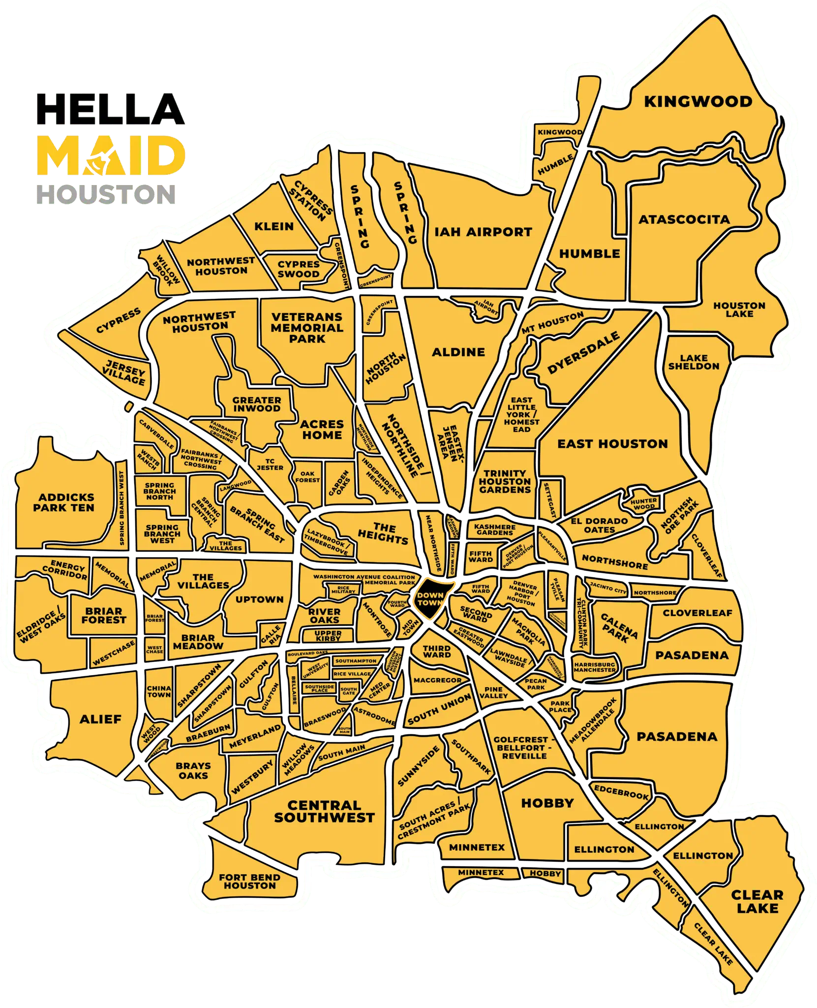 Map of Houston, Texas, featuring neighborhoods served by Hellamaid USA cleaning services, including Kingwood, River Oaks, Pasadena, and Central Southwest.