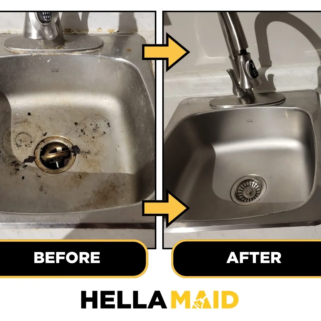 Kitchen sink before and after deep cleaning, showing significant stain and grime removal.