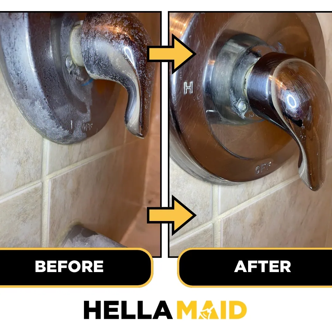 Shower faucet before and after cleaning, showing the removal of mineral deposits and grime
