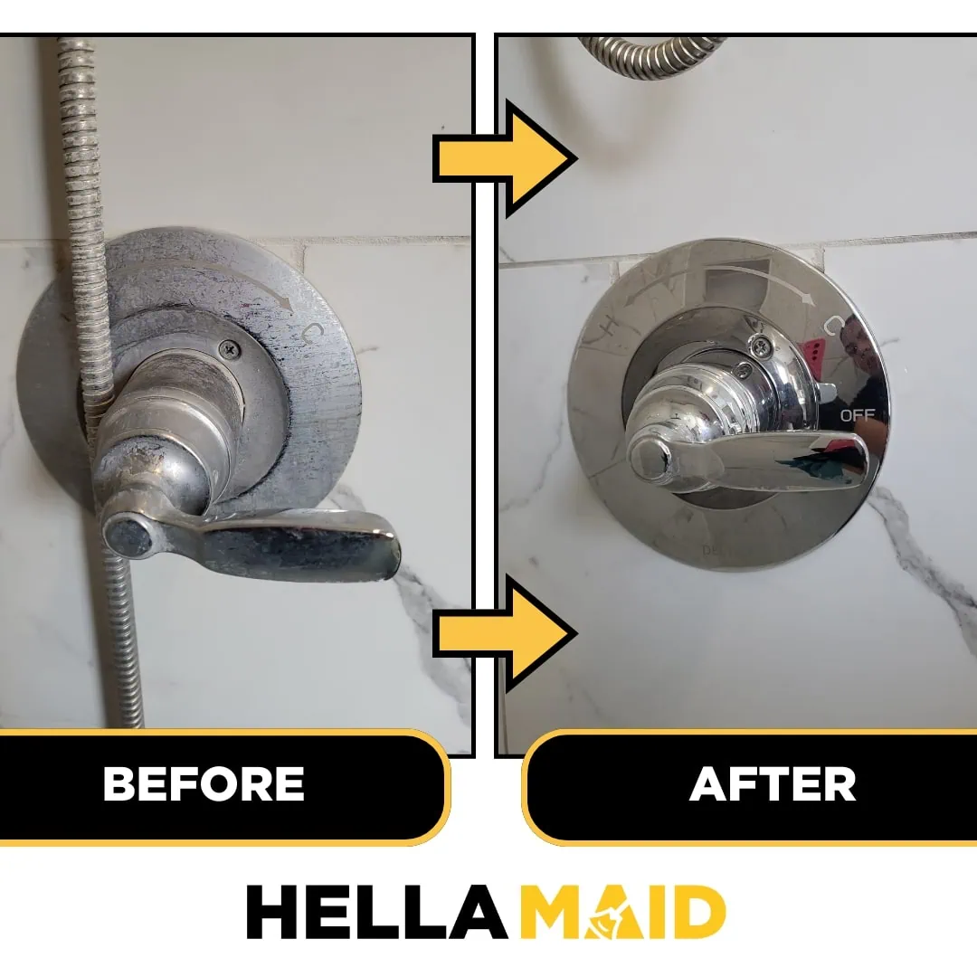 Before and after view of a shower handle and tiled wall, showing the removal of hard water stains and buildup.