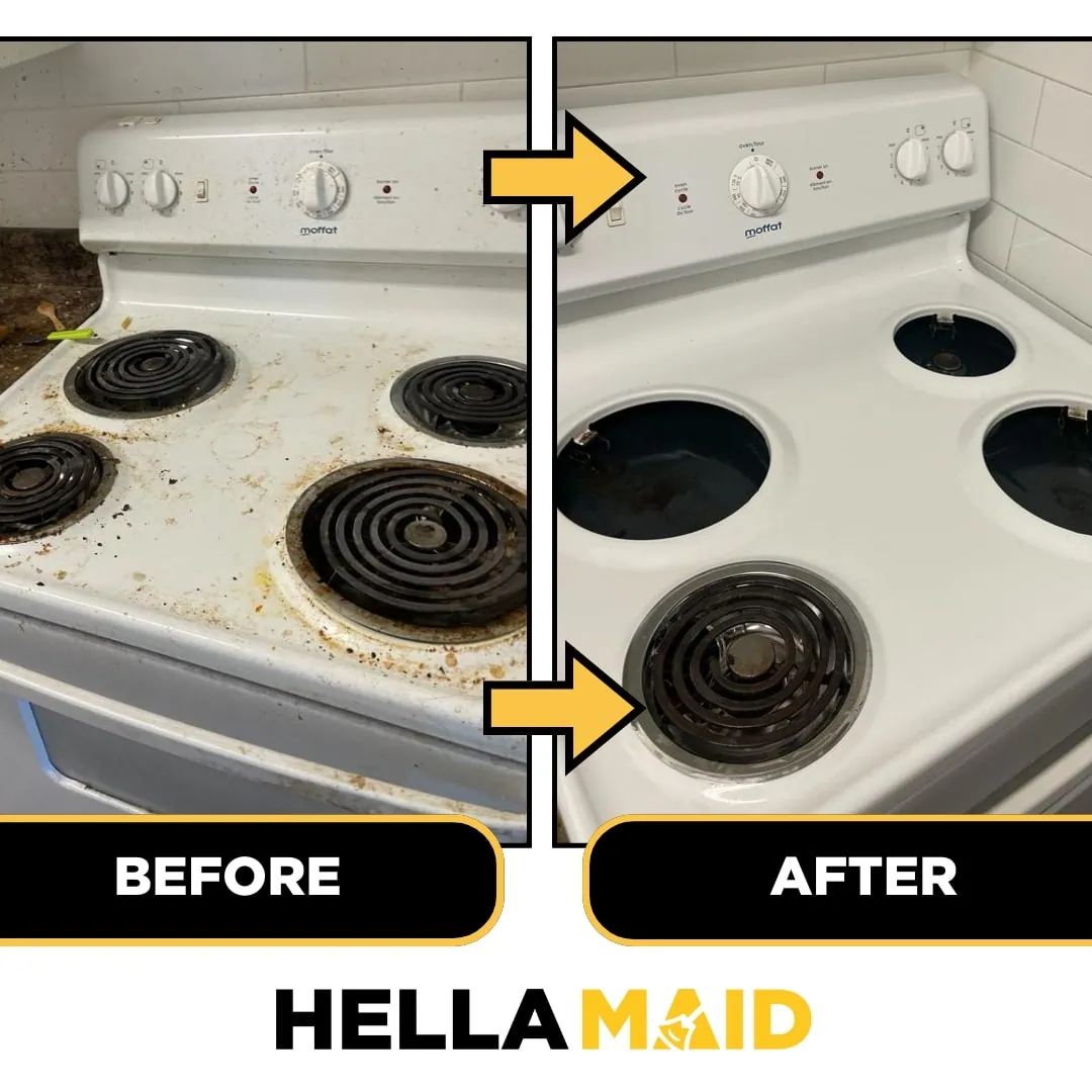 Before and after comparison of a stovetop with grease and grime removed after a deep cleaning service