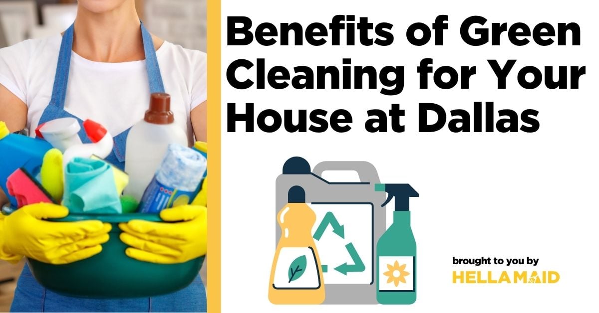 A person in yellow gloves holds a bowl filled with cleaning supplies, promoting what does green clean do for your Dallas home.