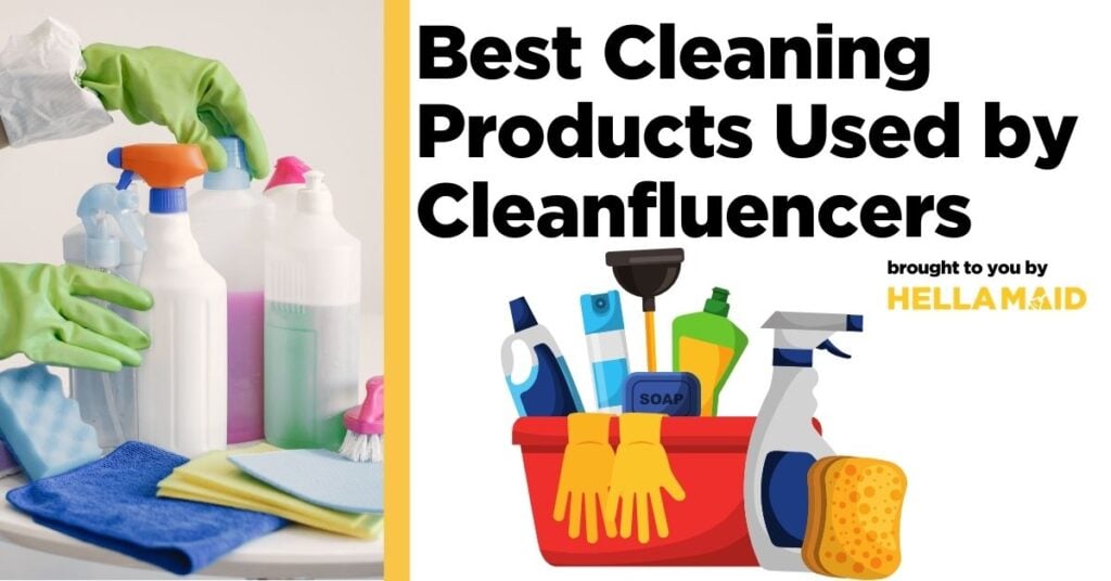 Hands in green gloves reach for colorful cleaning bottles beside a toolbox filled with cleaning supplies, titled "Best Cleaning Products used by Cleanfluencers."