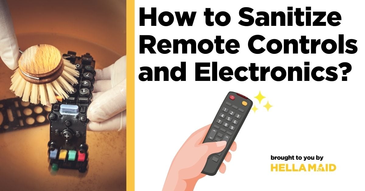 A person wearing gloves cleans a remote control with a brush in water, symbolizing how to sanitize your remote controls.