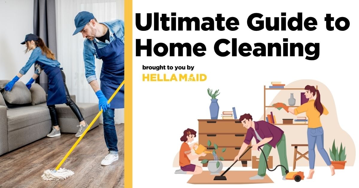 Two cleaning professionals are actively cleaning a living room and organizing shelves with text saying "Ultimate guide to Home Cleaning."