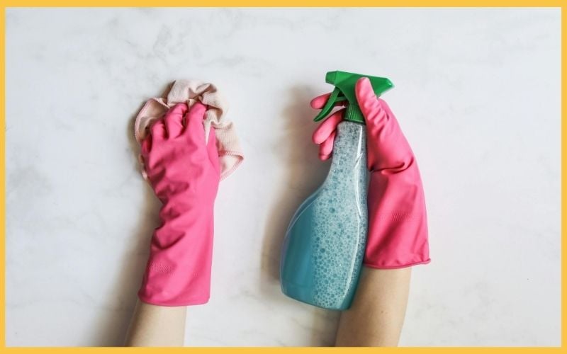 Two hands in pink rubber gloves: one holds a cleaning spray bottle, the other a cloth, ready for cleaning.