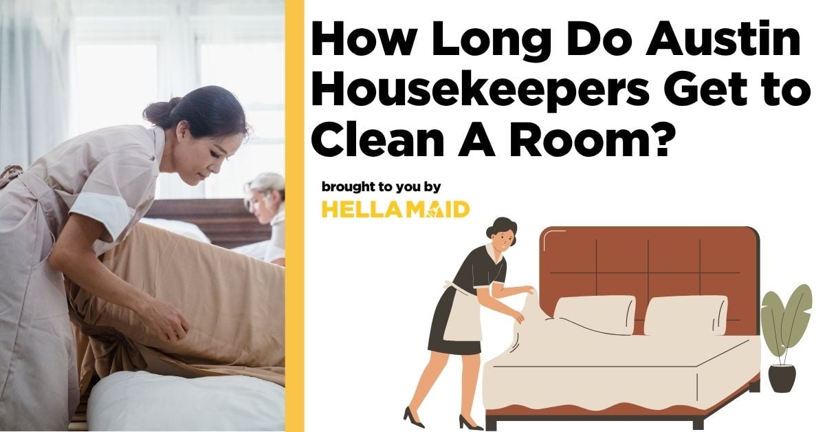 A housekeeper adjusts bedding in a room, with an illustration of a bed and text about how long do housekeepers get to clean a room.