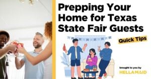 A group of people celebrates with drinks, while others prepare a cozy living space with "Prepping your home for Texas state fair guests."
